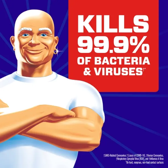 Cleanser advertising graphic showcasing a character promoting its effectiveness against 99.9% of bacteria and viruses