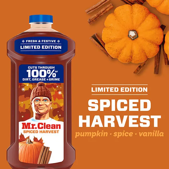 Limited edition Mr. Clean Spiced Harvest cleaning product featuring pumpkin and spice, promoting a festive cleaning experience