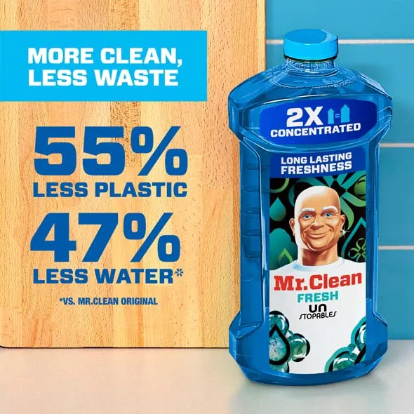 Mr. Clean Multi-Surface Cleaner Unstopables Fresh - More clean, less waste; 55% Less plastic, 47% less water vs. Mr. Clean Orginal