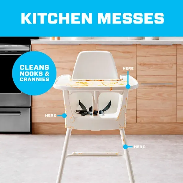 A dirty children feeding chair, cleaning nooks & crannies