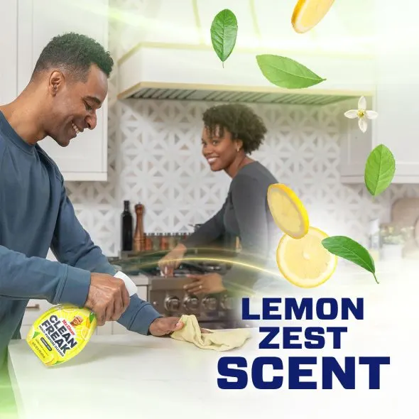 People cleaning a kitchen with a Mr. Clean CleanFreak Lemon Scent