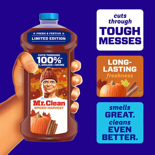 Mr. Clean Spiced Harvest cleaner bottle with autumn-themed graphics showcasing effective mess-fighting and freshness features