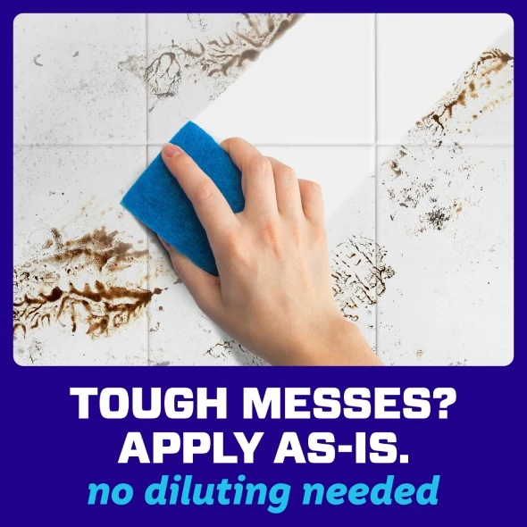 Hand using a blue sponge to clean dirty white tiles, highlighting a message about tackling tough messes without dilution needed