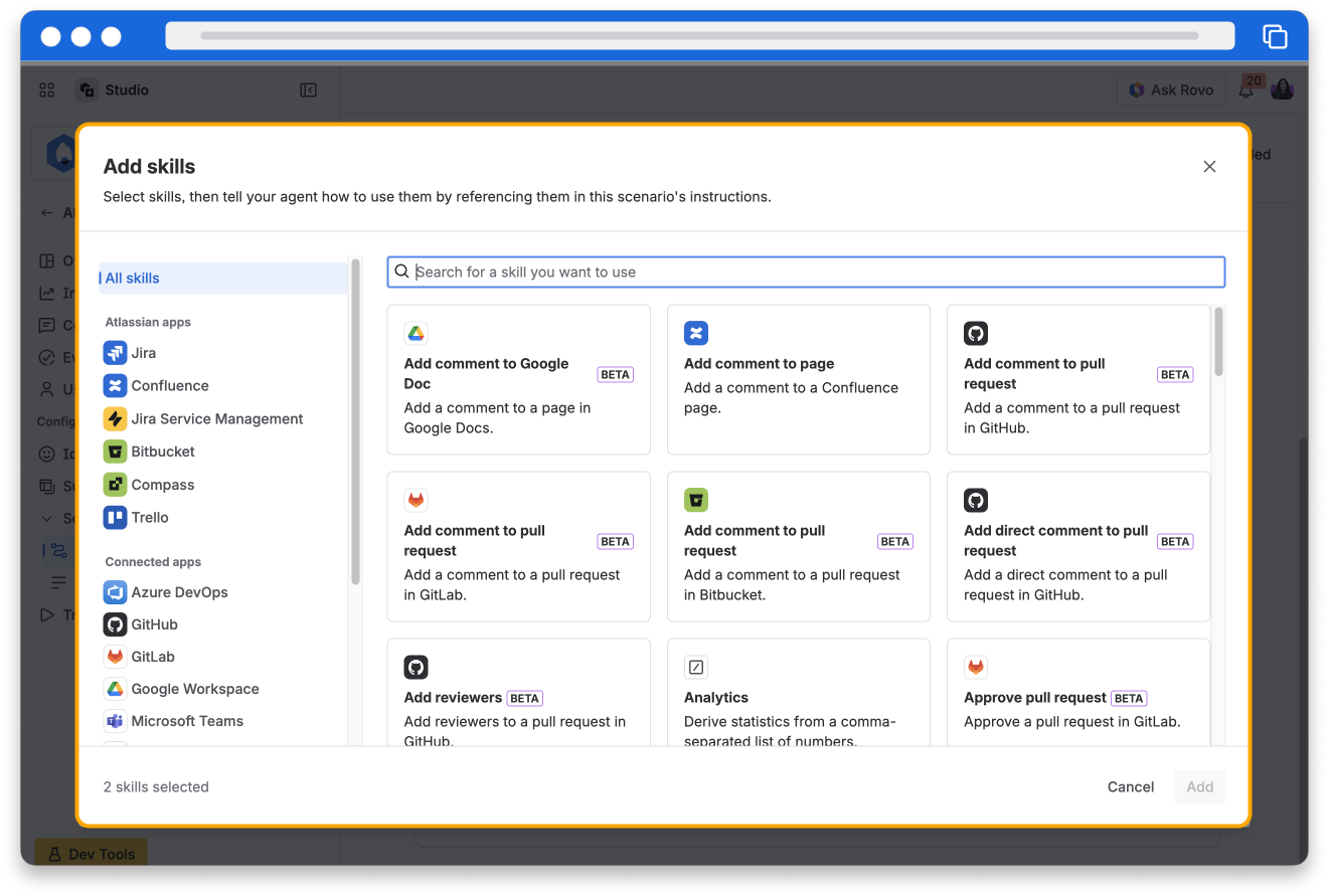 Add skills dialog showing all skills available to Rovo agents, including adding comments to Google Doc, approving a pull request, and adding reviewers.
