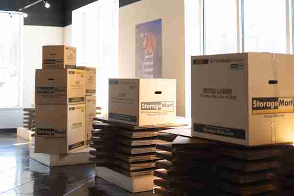 Moving and Packing boxes stacked neatly in the office of Manhattan Mini Storage in Brooklyn