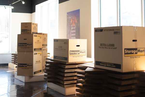Moving and Packing boxes stacked neatly in the office of Manhattan Mini Storage in Brooklyn