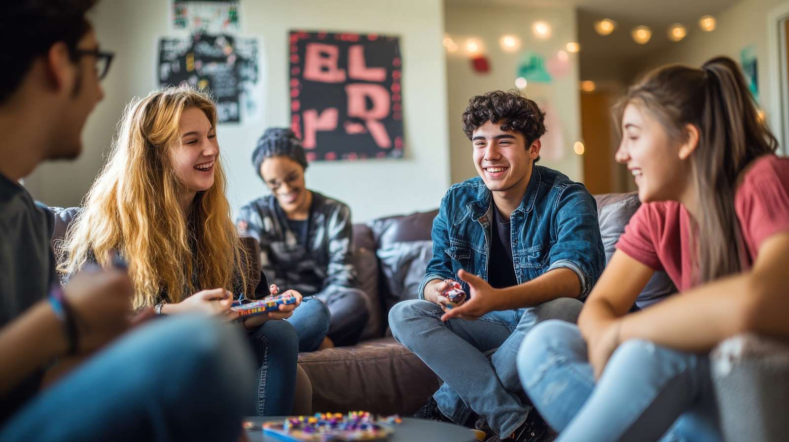A group of young people hang out on a couch launghing together