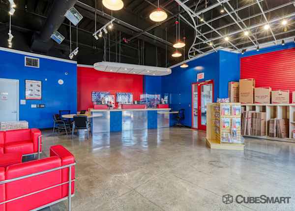front office of the storage facility at 25 Remsen Ave with a view of the front desk and neat stacks of moving and packing supplies