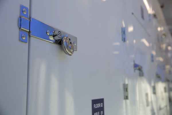 A close up view of a storage unit door with a dic lock on it