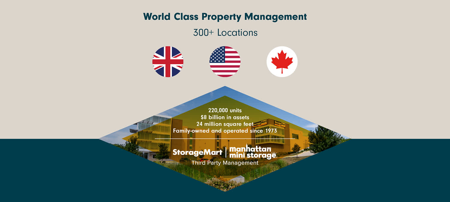 StorageMart and Manhattan Mini Storage highlight world-class property management with 300+ locations in the UK, USA, and Canada. Family-owned since 1973 with 220,000 units, $8 billion in assets, and 24 million square feet of storage space.