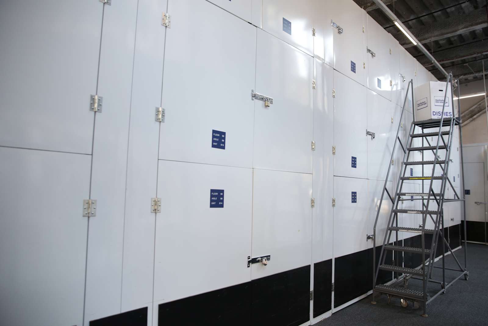 a row of closet size storage units showing a top, bottom, and middle row of units with a ladder to access the upper rows