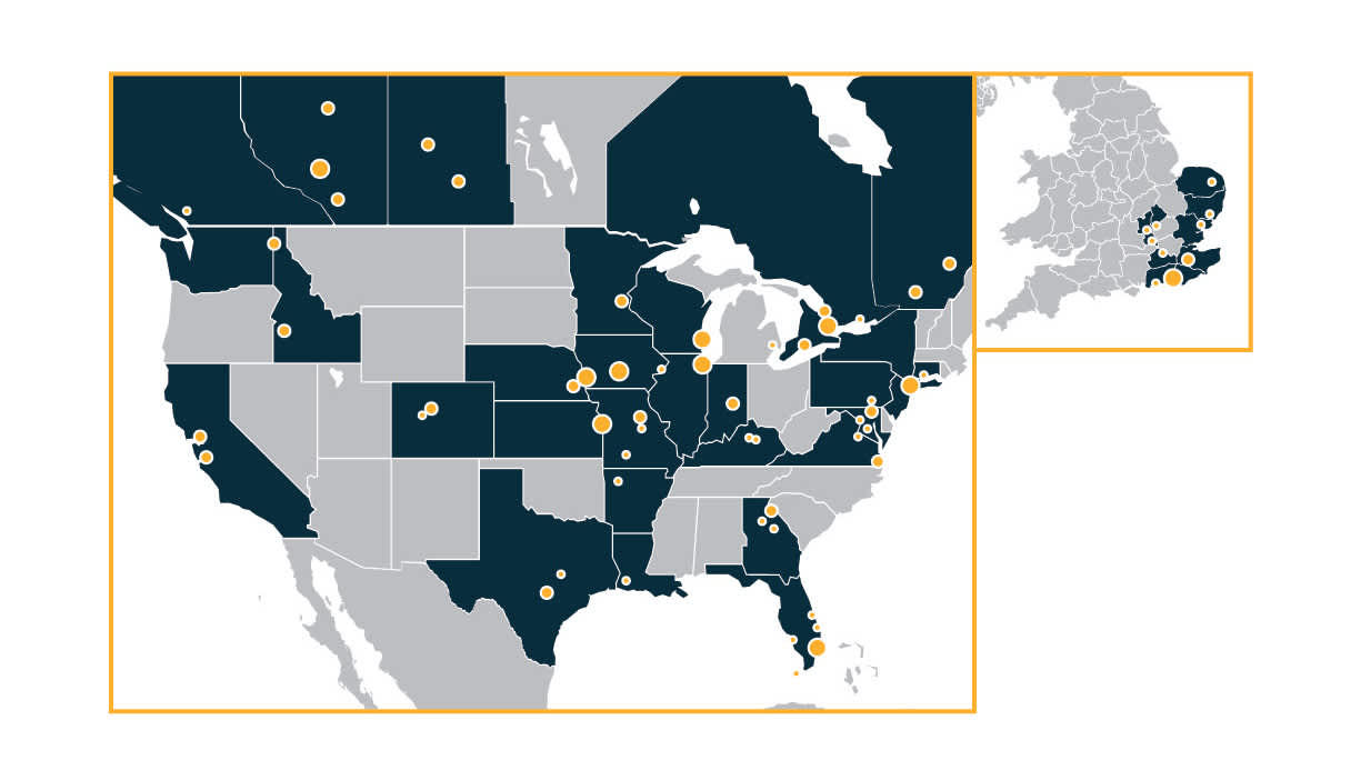 A Map showing PINS of StorageMart locations in the US, Canada, and the UK