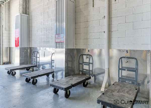 rows of moving carts neatly lined up for easy access to your Brooklyn storage unit