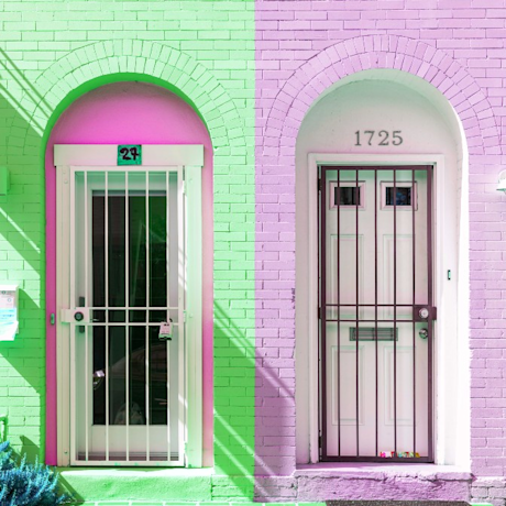 Offset versus redraw coloured photo of two front doors side-by-side smaller