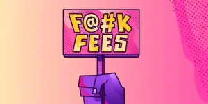 No fees slogan on a banner held by fist illustration