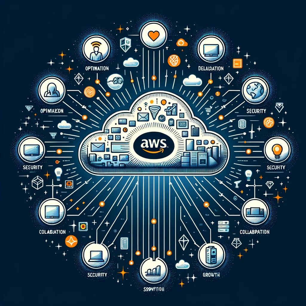 Digital illustration of a cloud filled with AWS service icons, connected to representations of businesses, surrounded by words like 'Optimization', 'Security', and 'Collaboration', symbolizing the services of One Click Flare.