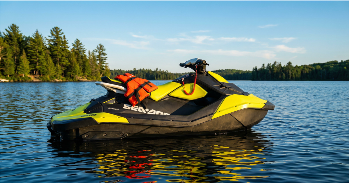 A yellow Sea-Doo personal watercraft floats on a calm Canadian lake