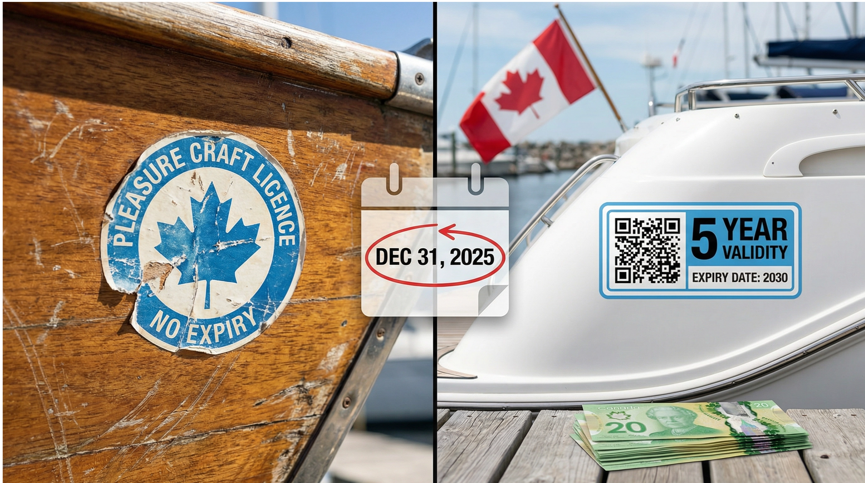 Split composition showing old vs. new Canadian boat licencing system