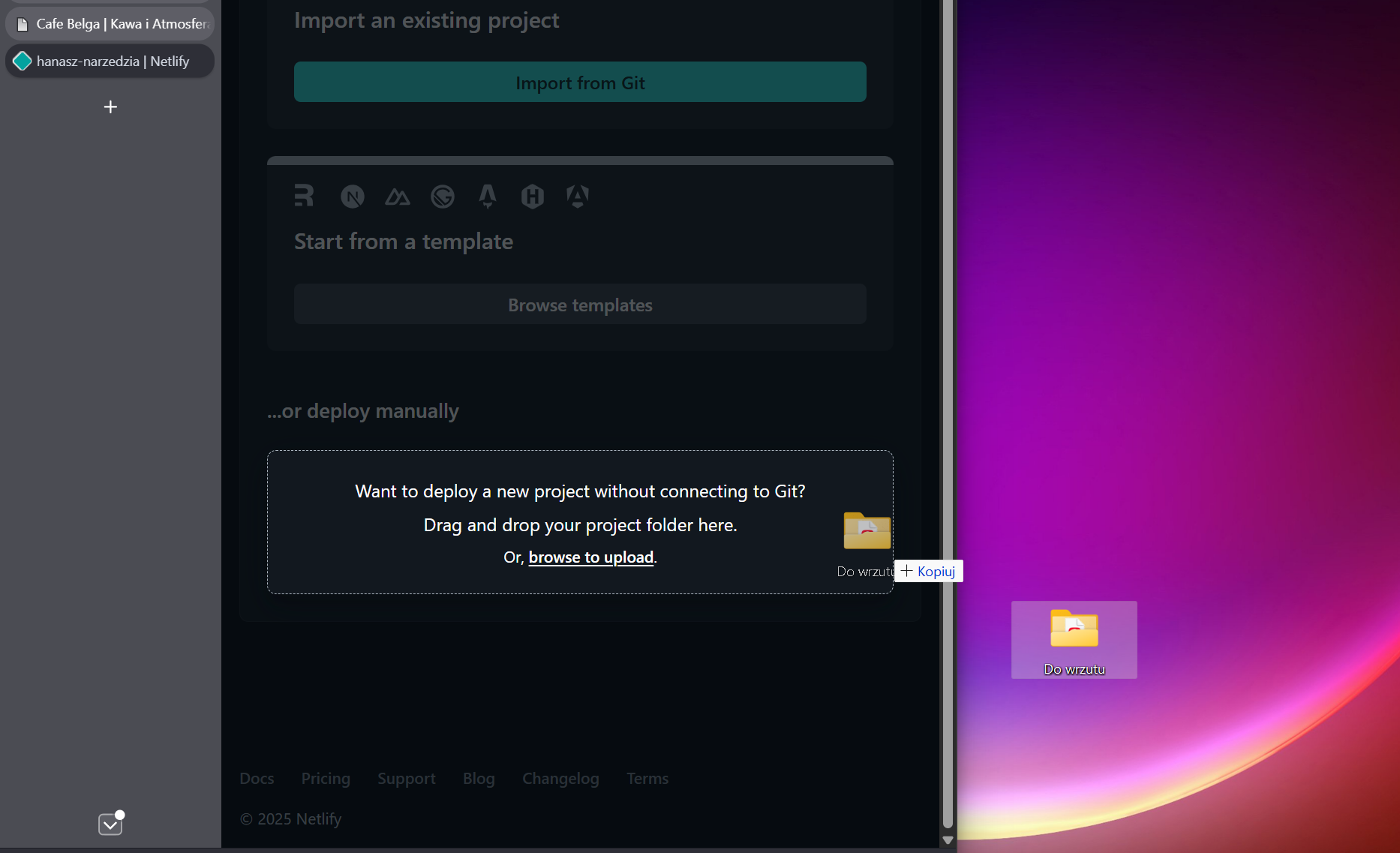 Przeciągnięcie folderu do netlify