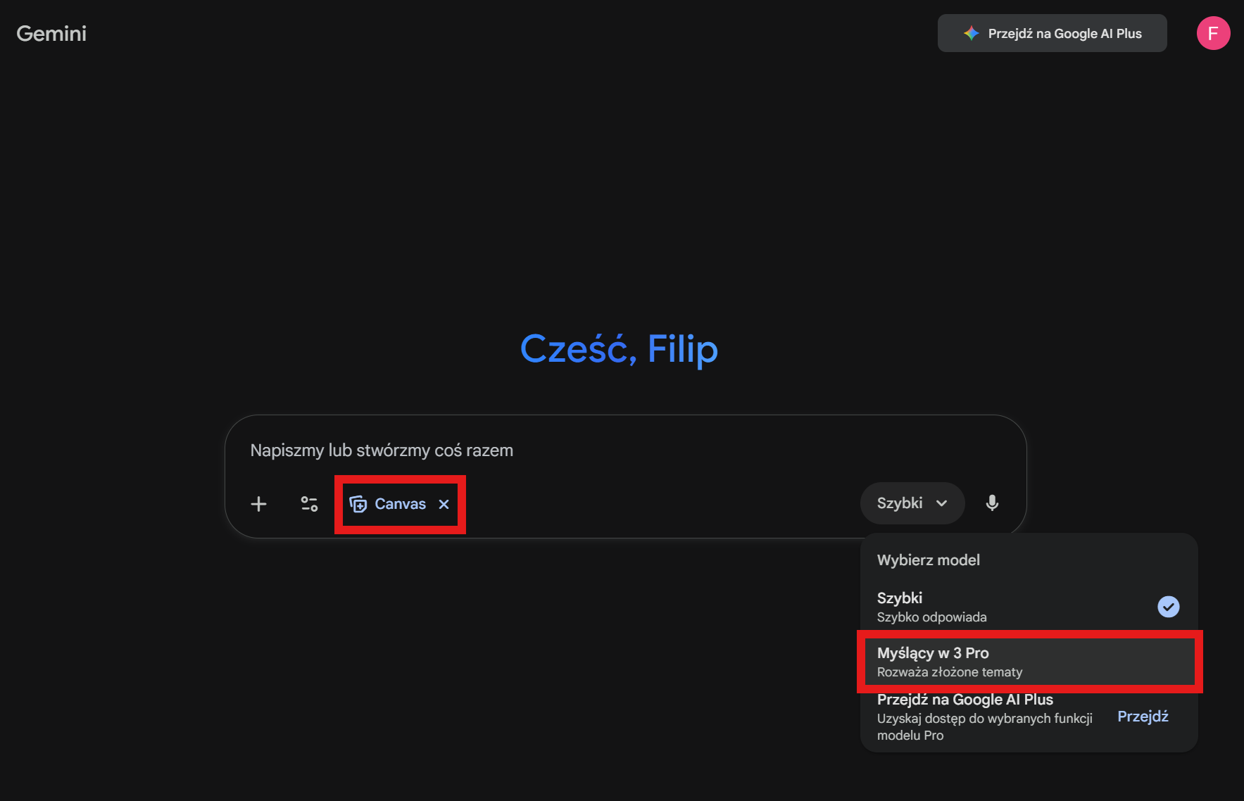 Zaznaczenie odpowiednich opcji w Gemini