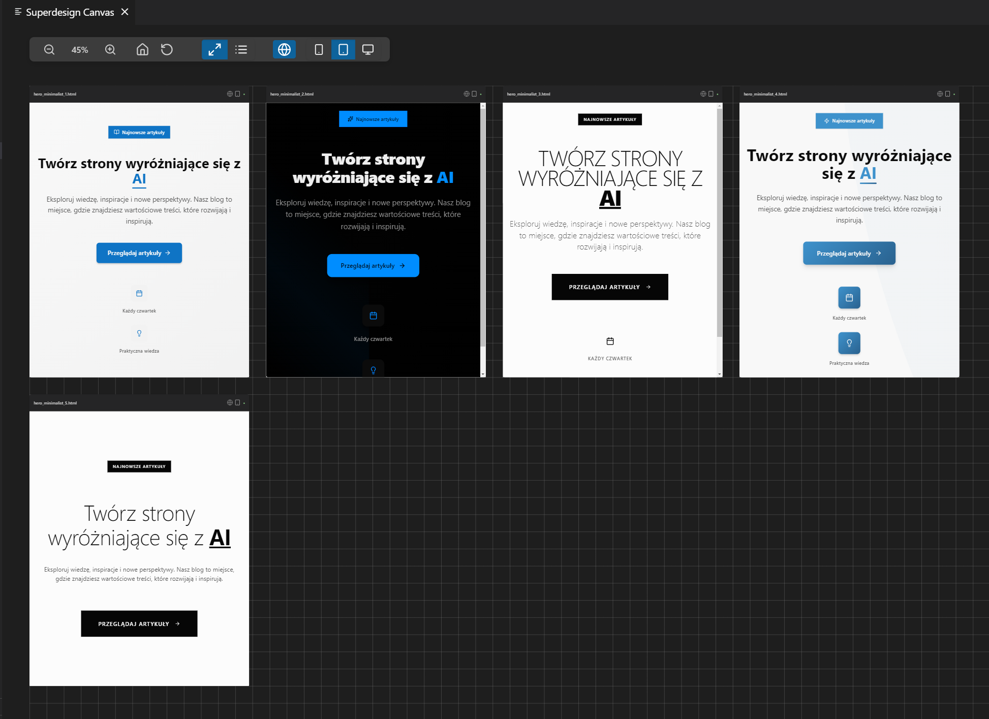 Pokazanie wygenerowanych przykładów sekcji przez Superdesign