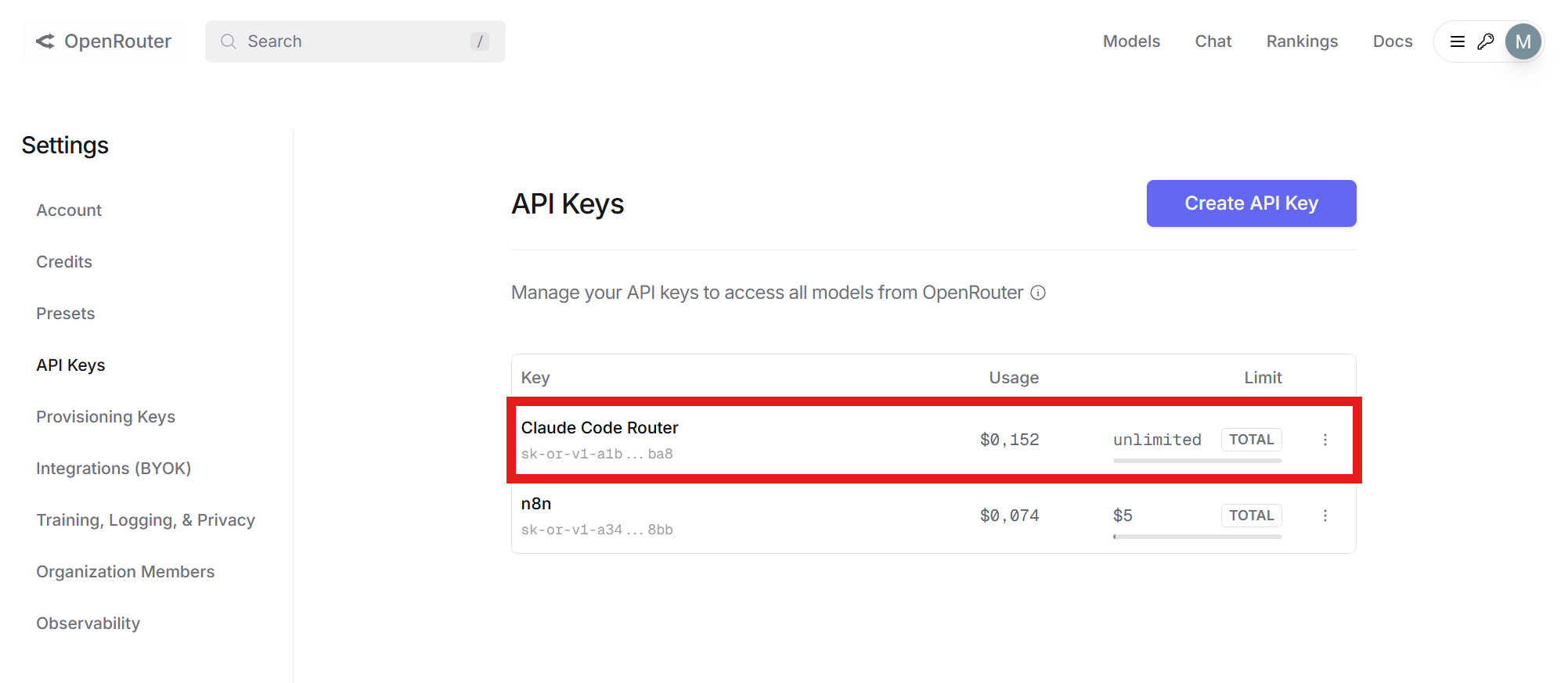 widok api keys w openrouter