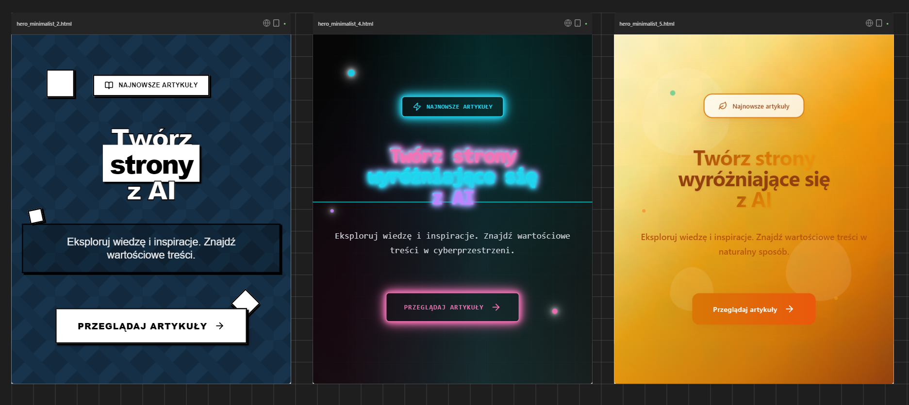 Przedstawienie różnych sekcji wygenerowanych obok siebie z wykorzystaniem Superdesign
