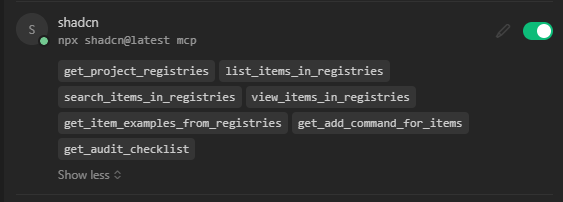 Widok shadcn w liście MCP w Cursorze