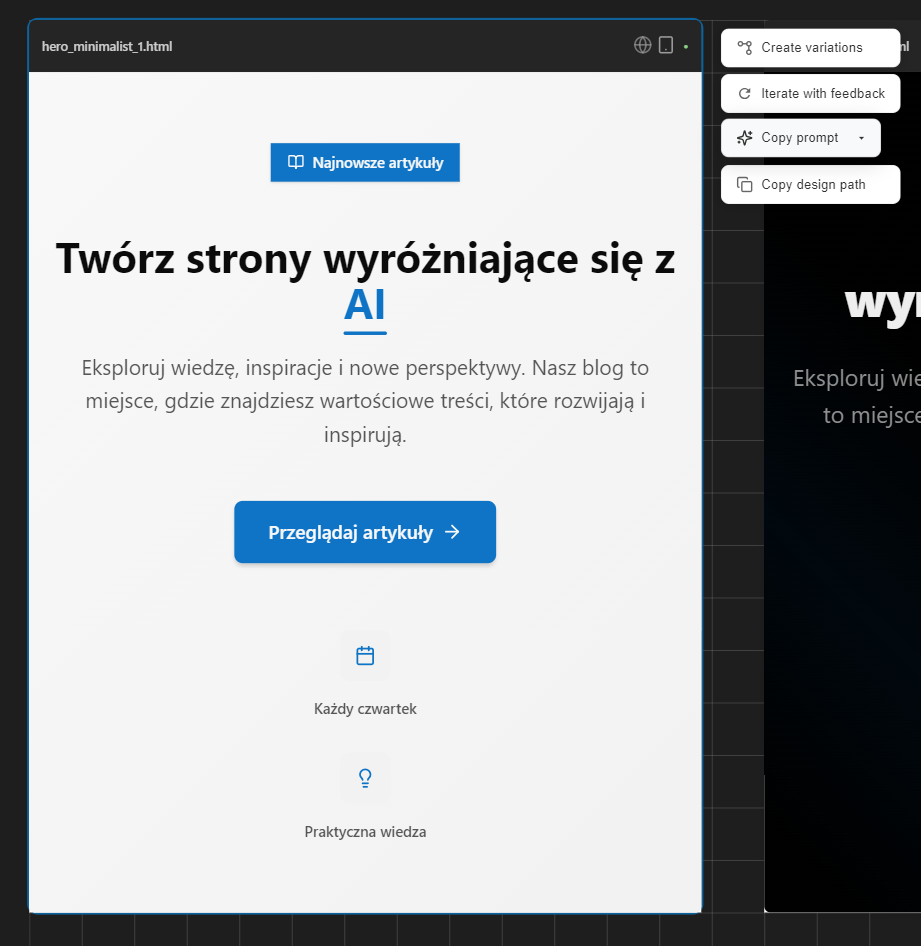 Pokazanie dodatkowych możliwości wygenerowanej sekcji przez Superdesign