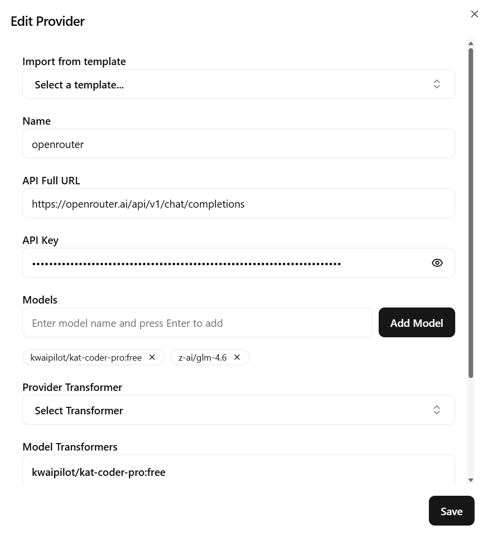 widok formularza dodawania nowych modeli w claude code router