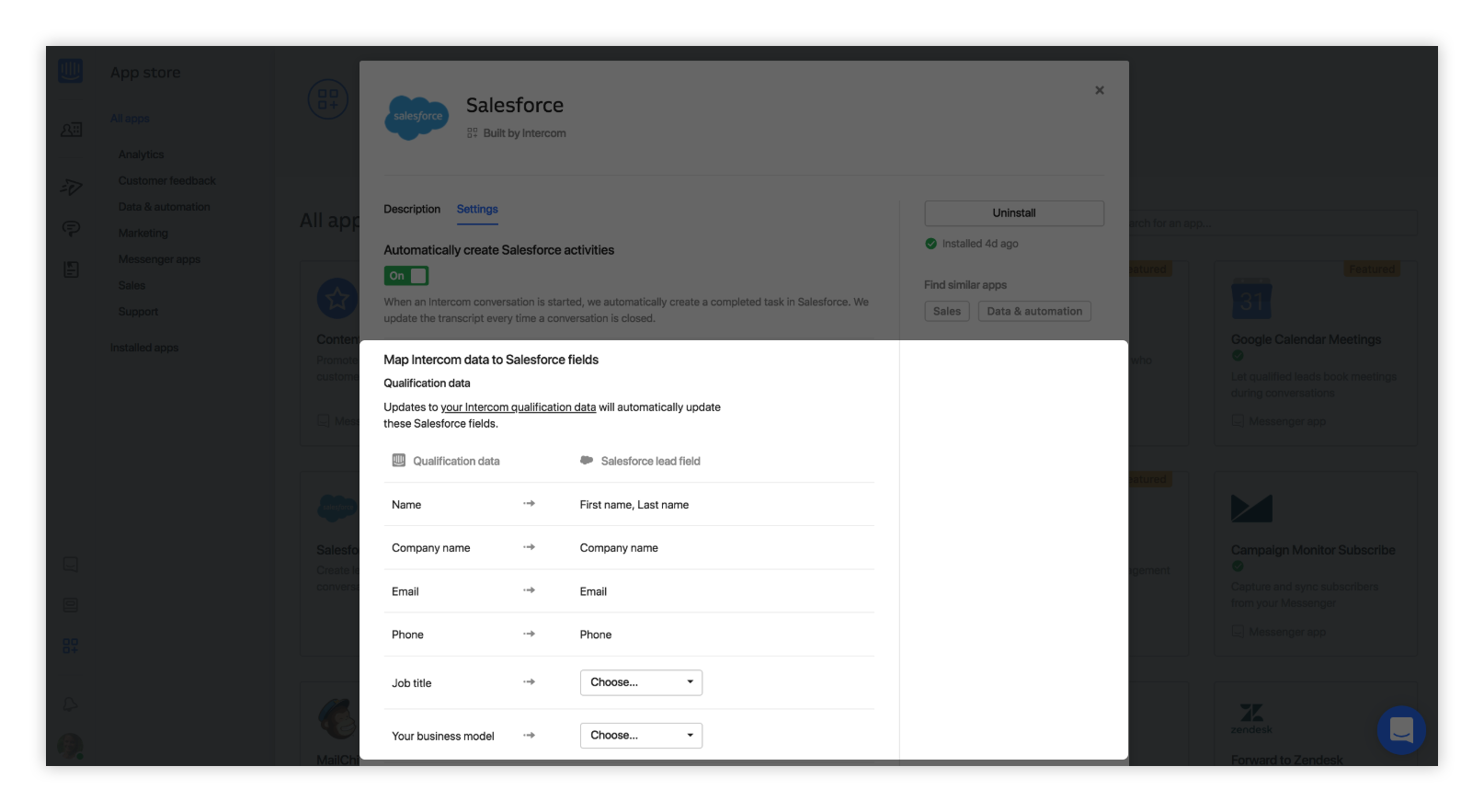 Map Intercom data to salesforce fields