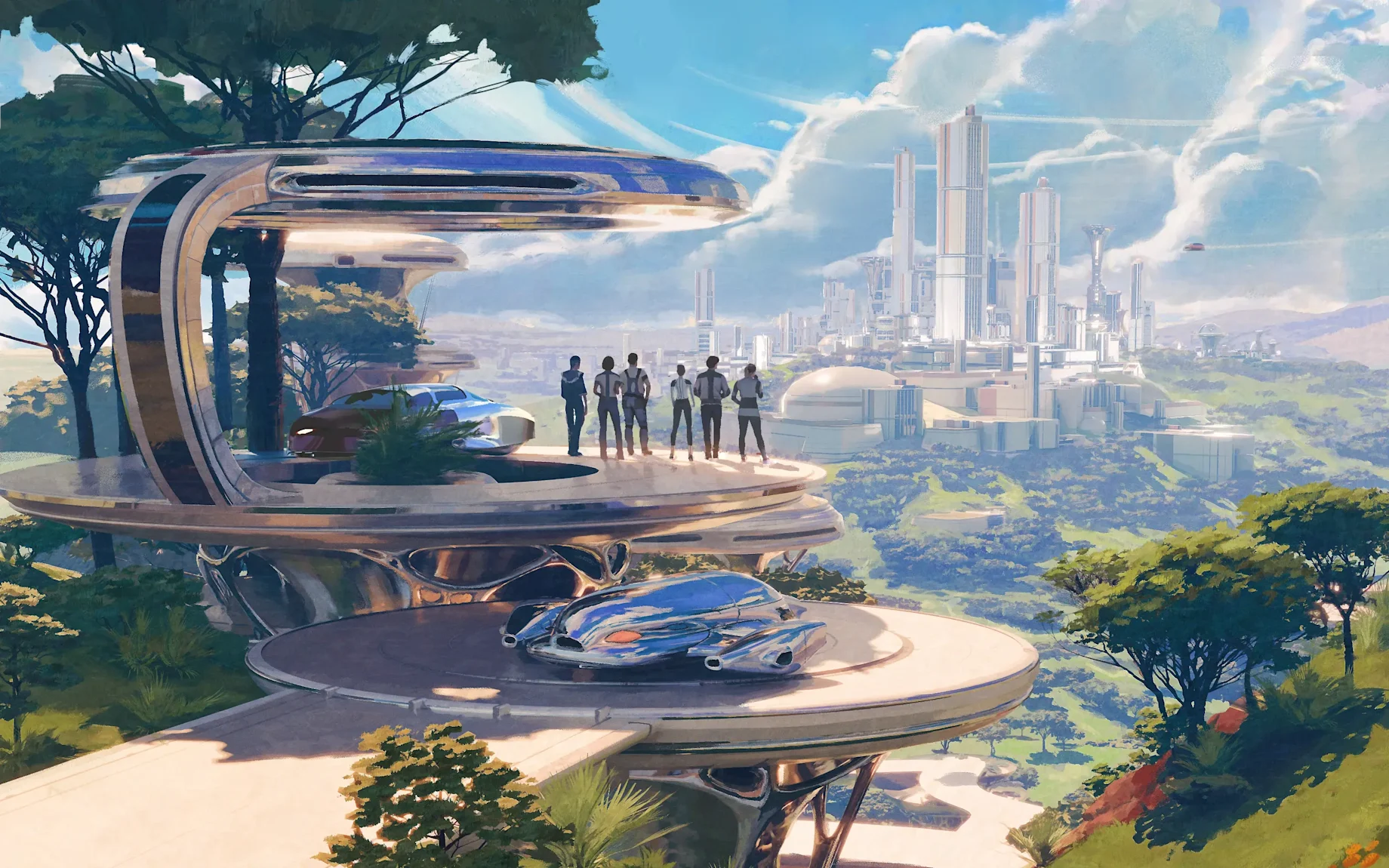 A group of people looking over a futuristic cityscape