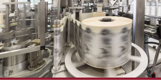Labels being printed on a printing press.