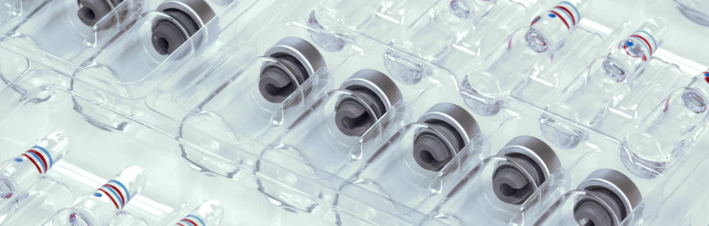Vials containing medicine for injections on plastic cases. 