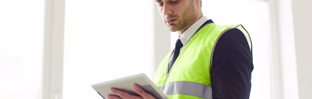 Waist-up portrait of Middle Eastern engineer wearing hardhat standing against window holding tablet
