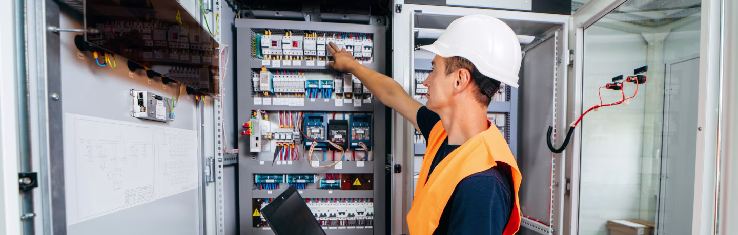Engineer installing and testing automated building control equipment in fuse box and repairing of modern electricity power station.