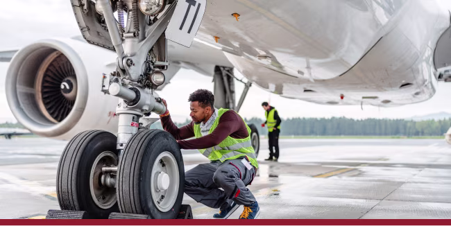 An aircraft engineer repairing and maintaining jet airplane.