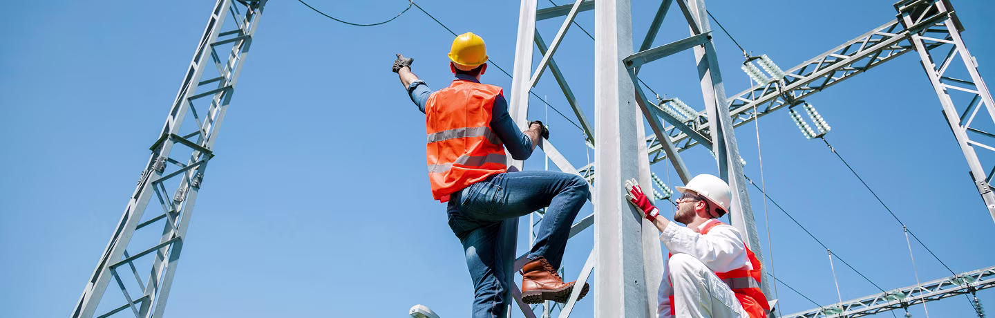 Two engineers checking electricity substation. 