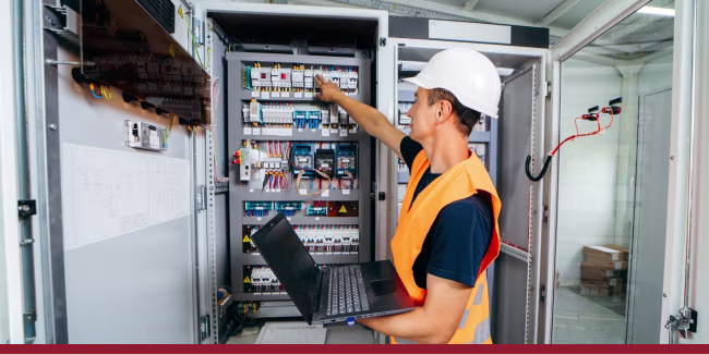 Engineer installing and testing automated building control equipment in fuse box and repairing of modern electricity power station. 