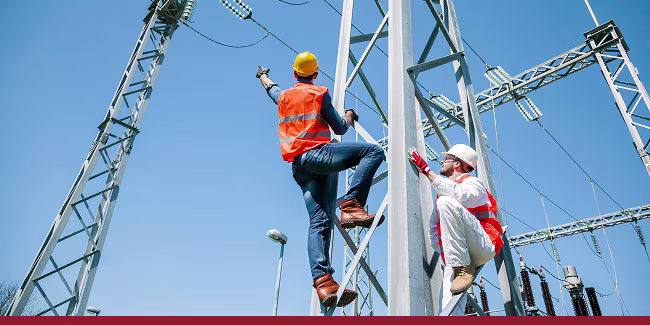 Two engineers checking electricity substation. 