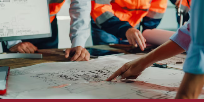 Closeup of team of industrial engineers meeting analyze machinery blueprints consult project on table in manufacturing factory. Working in manufacturing plant or production plant concept.