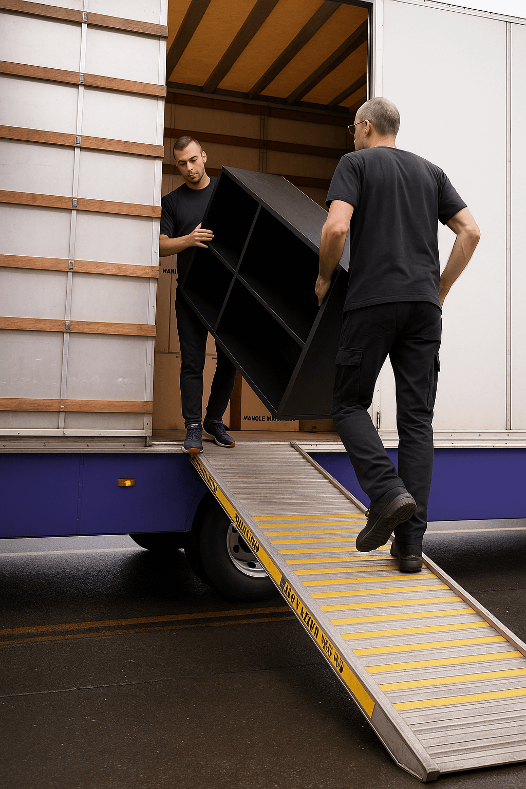 Two movers loading a large black shelving unit into a purple-and-white truck via a metal ramp on a wet street, with stacked cardboard boxes visible inside the truck.