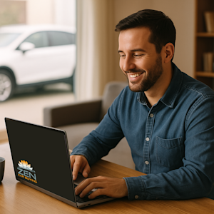 Man browsing personalized new and used car options online from home with Zen Car Buying