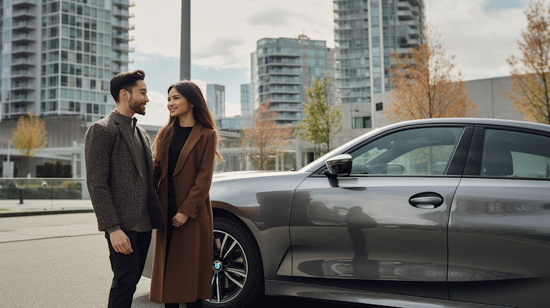 Happy couple with brand new car