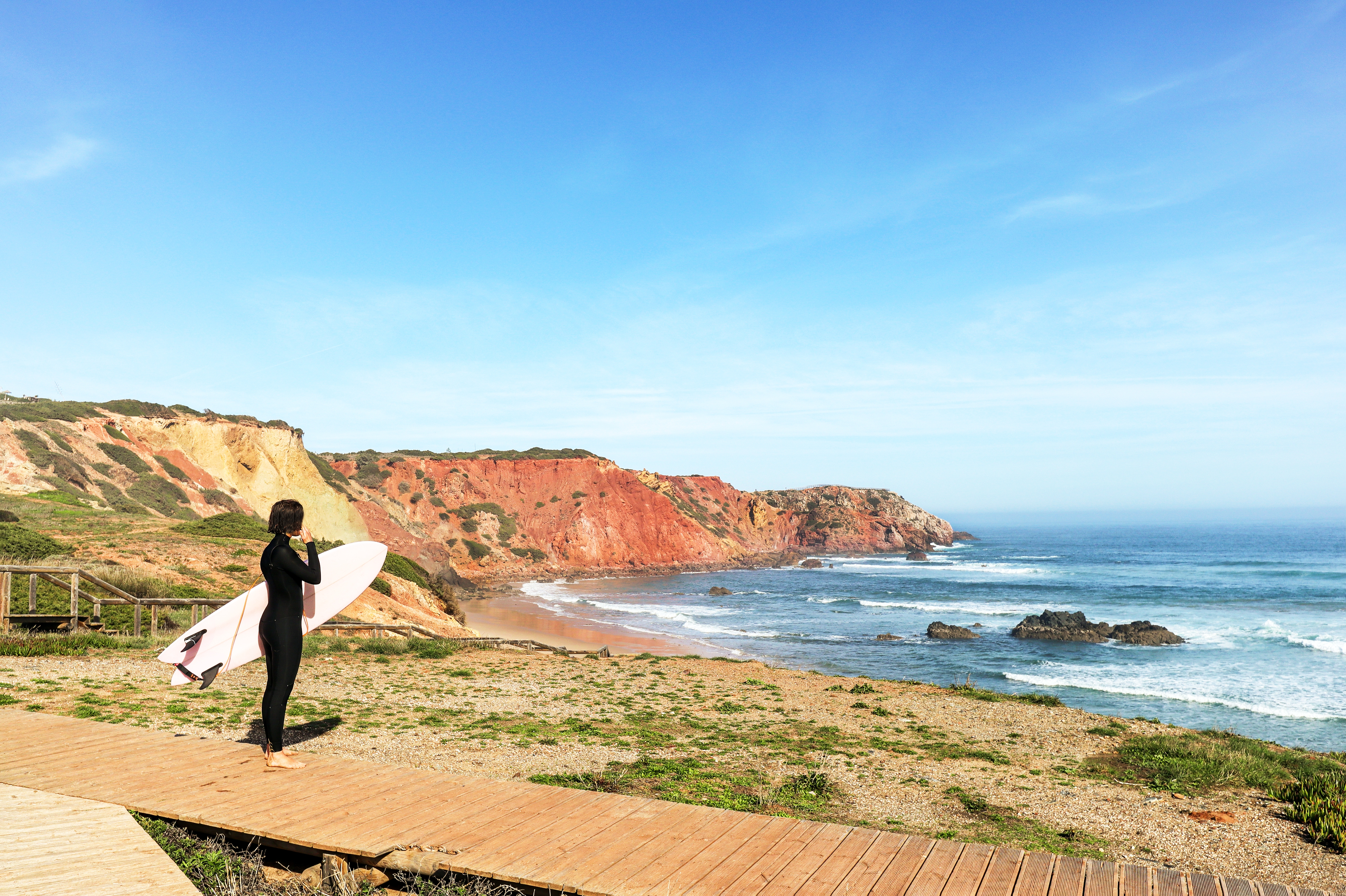 View to Praia do Amado, Beach and Surfer spot near Sagres and Lagos, Costa Vicentina Algarve Portugal