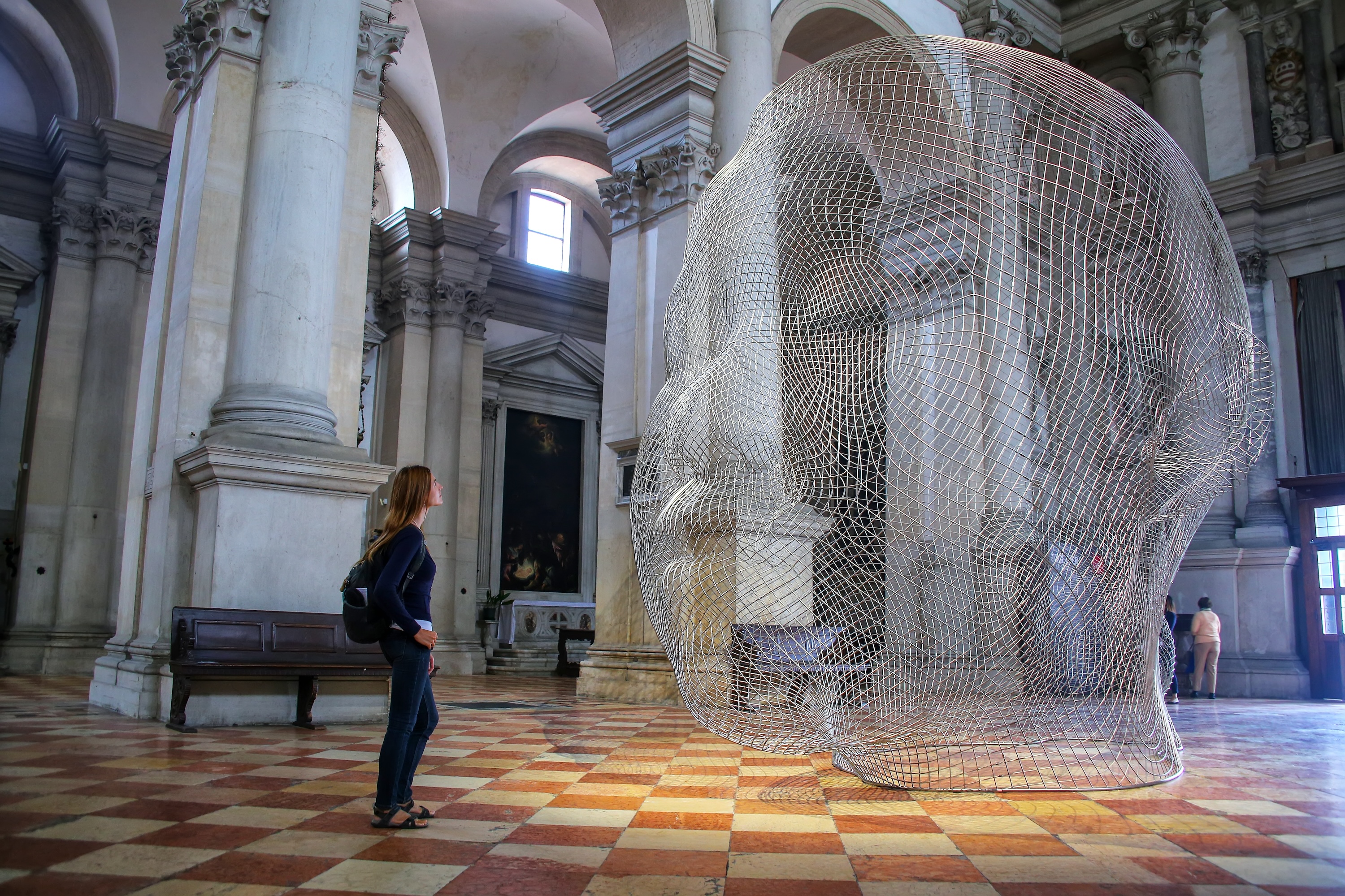 Sculptural installation by Jaume Plensa during Venice Art Biennale inside San Giorgio Maggiore church 