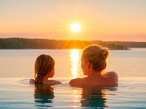 Två personer med ljust hår ligger i en pool med utsikt över en sjö och tittar på solnedgången. Solen står lågt vid horisonten och kastar varma reflexer över vattnet.