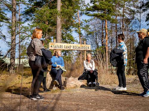 En grupp människor står nära en träskylt där det står "Safari Camp Kolmården" i ett skogsområde en solig dag. Vissa sitter på stenar och andra står.