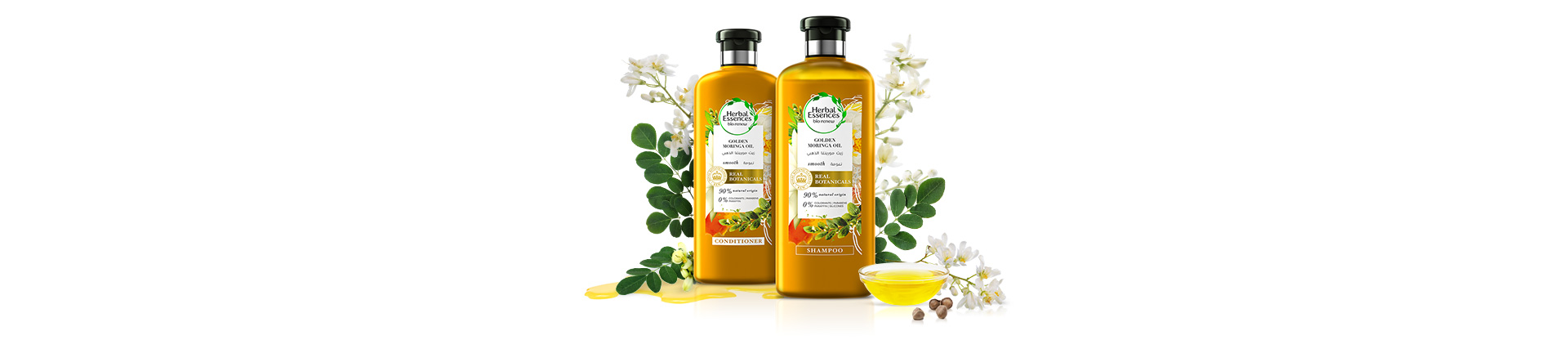 Bottles of Herbal Essences Shampoo & Conditioner Golden moringa oil Collection