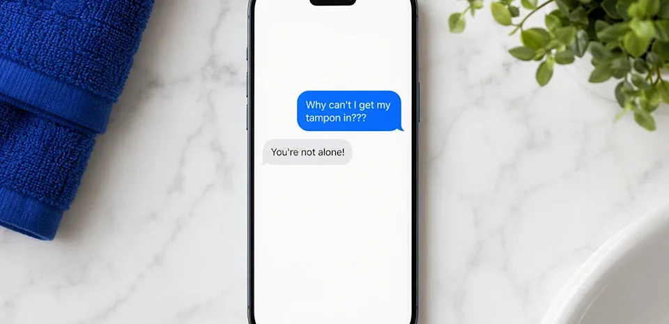 Text conversation answering "Why can't I get my tampon in?" with a reassuring "You're not alone!"